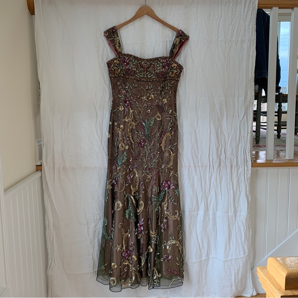 Stephen Yearick Jeweled Embroidered Champagne Green Gown Sz6